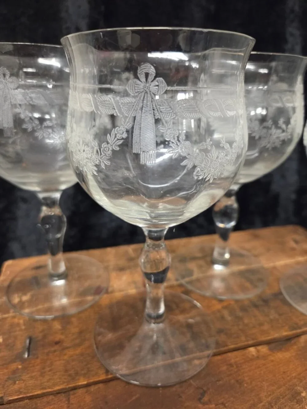 4 Antique Etched Glass Floral & Bow Garland Goblets Louis XVI